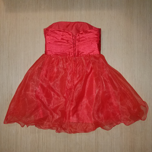 Red Strapless Jeweled Tulle Short Ball Gown Dress - Picture 6 of 6
